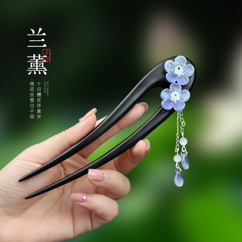 黑檀木u型双钗发簪女簪子高级国风中式新款发钗流苏步摇旗袍头饰
