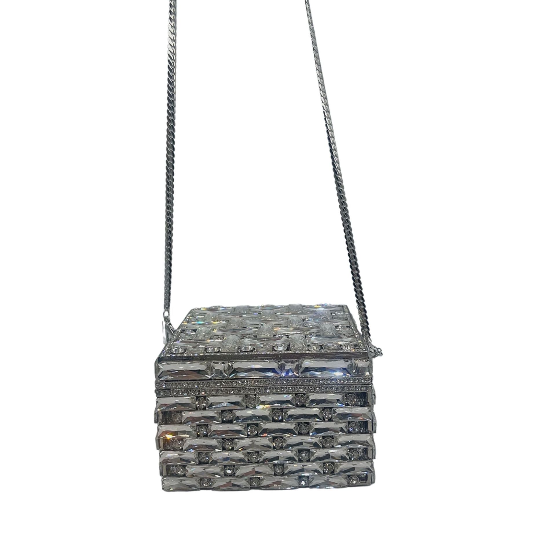 Túi clutch nữ đính kim cương dáng hộp vuông nhỏ dự tiệc — Nền vàng kim cương trắng, Vàng AB, Bạc AB, Màu bạc chi tiết 16