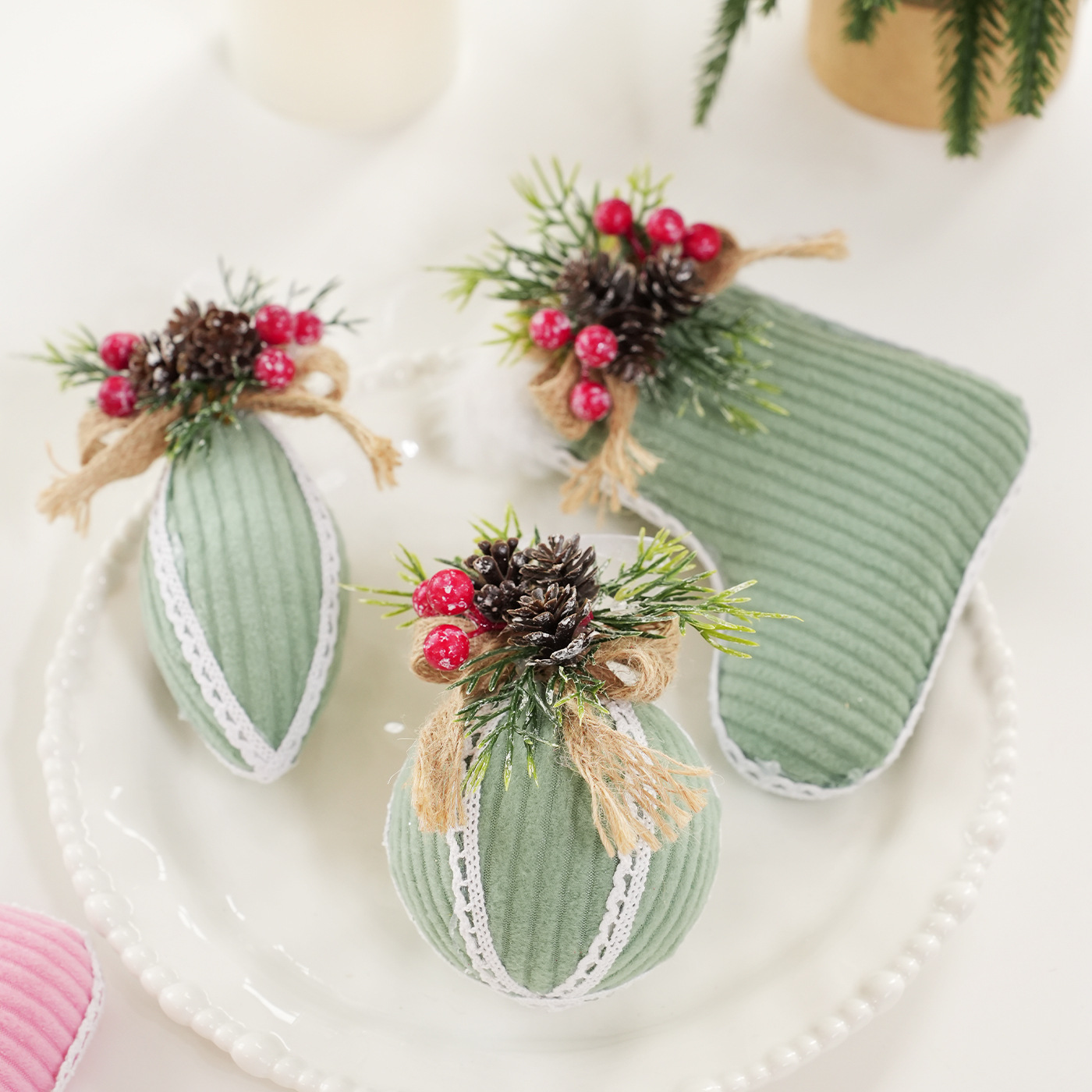 Tela transfronteriza calcetines de Navidad bordes blancos bola de Navidad pinos fruta creativa árbol de Navidad colgante colgante decoración