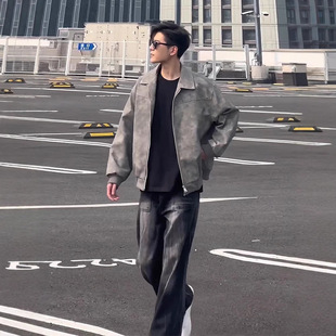 cleanfit Grey Short Leather Jacket American Style Men's Retro Lapel Motorcycle Leather Jacket