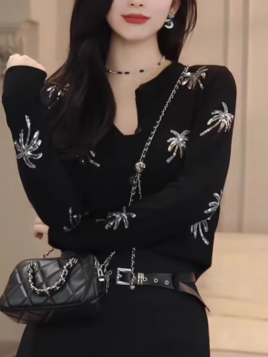 Áo cardigan len dệt kim thêu họa tiết thời trang đa năng — màu đen