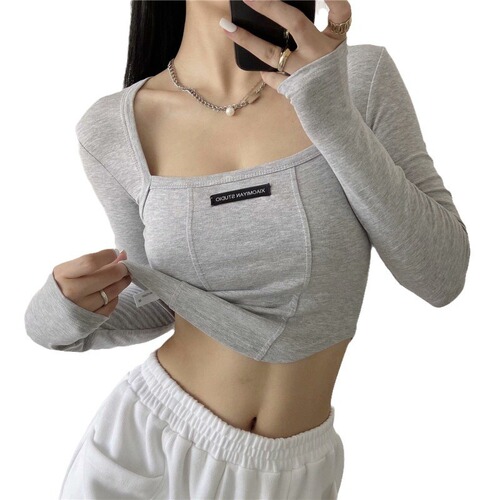 Women's Sweet and Spicy Style Long-Sleeve T-Shirt with American Fishbone Noodle Collarbone Design Fitted Short-Sleeve Top