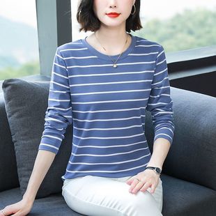 Long-sleeved T-shirt Women's 2025 New Spring and Autumn Loose All-match Outer Wear Striped Top Middle-aged Mother Base Shirt