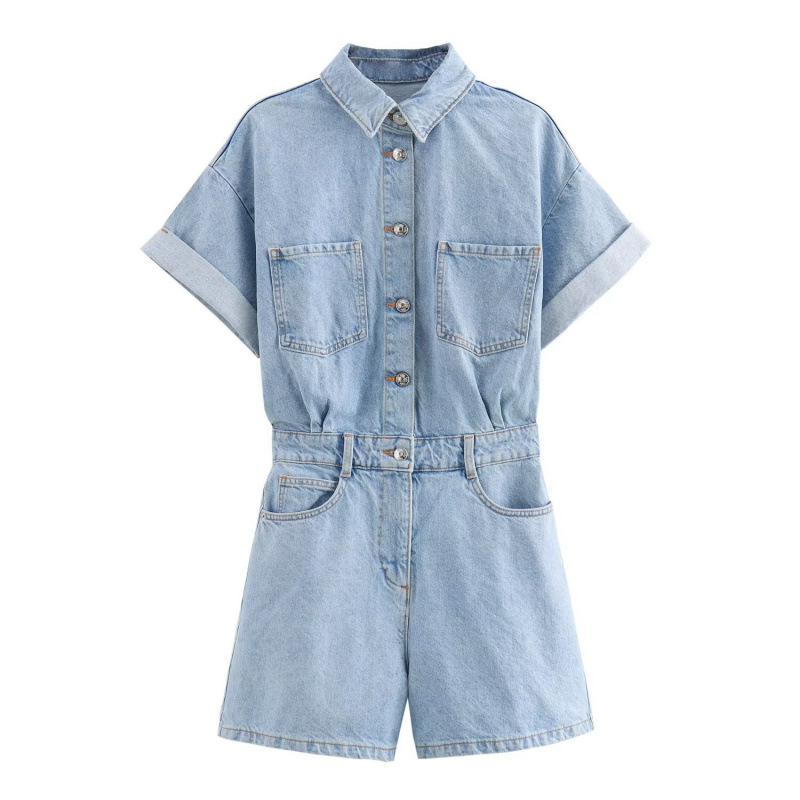 Qadın denim kombinezon, cibli və beli bağlanan slim model
