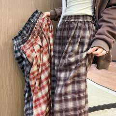复古格子山本阔腿裤女秋季新款慵懒风高腰直筒垂感显瘦拖地休闲裤
