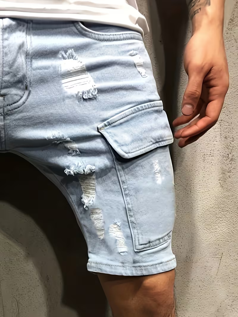 Men's Ripped Denim Shorts, Summer Stretch Cotton Cargo Shorts With Side Pockets, Slim Fit Casual Streetwear Style_viptrois.com