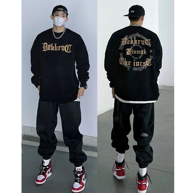 美式复古字母印花长袖T恤男秋季ins潮牌高街宽松重磅棉打底上衣