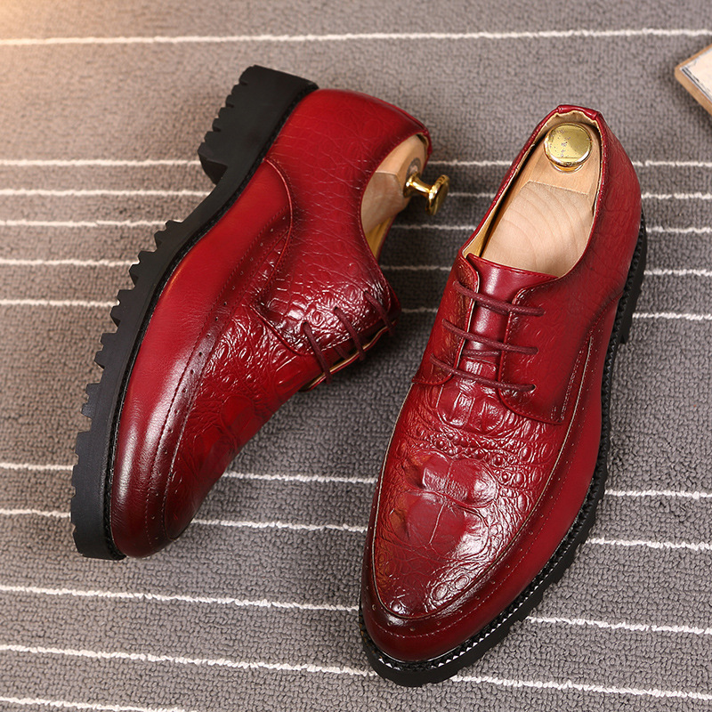 Cross-border 2025 New Crocodile Pattern Men's Casual Business Non-slip Lace-up Red Leather Wedding Shoes For Men_vogvips.com