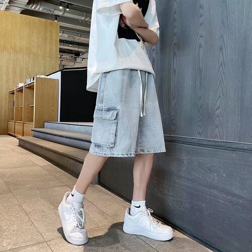 Summer Trend Workwear Denim Shorts for Men Korean Style Streetwear Loose Wide Leg Straight Leg Pants Stylish Casual Five-Finger Pants