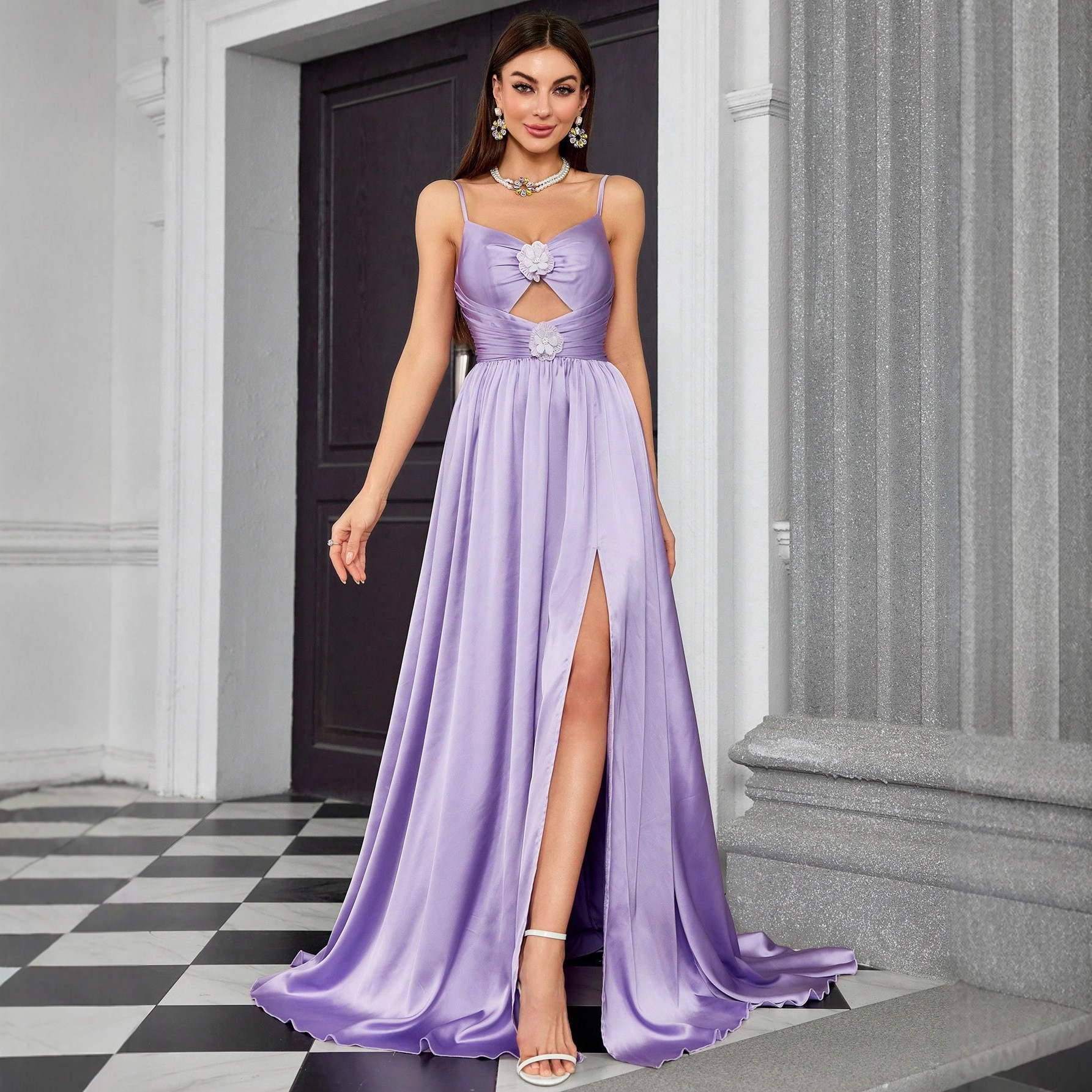 Cross-Border New Sexy Suspender Evening Dress Birthday Prom Party Hollow Dress Slim Slit Dress Wholesale