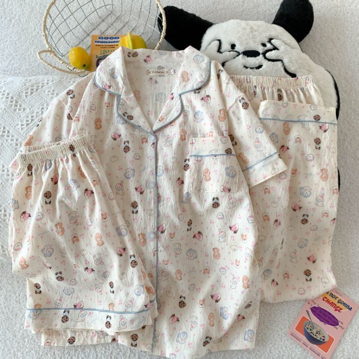 Verano nuevo estilo pijama mujer nube algodón 120g solapa cárdigan pantalones cortos de manga corta pantalones de tres piezas lindo servicio a domicilio