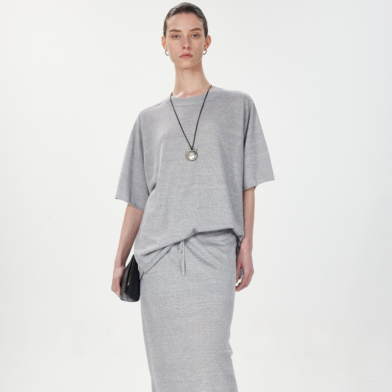 Must-Have Item: Lightweight Upw Linen Rolled-Edge Knit Mid-Sleeve Pullover Cocoon-Shaped Elastic Waist Half-Skirt Women's Clothing