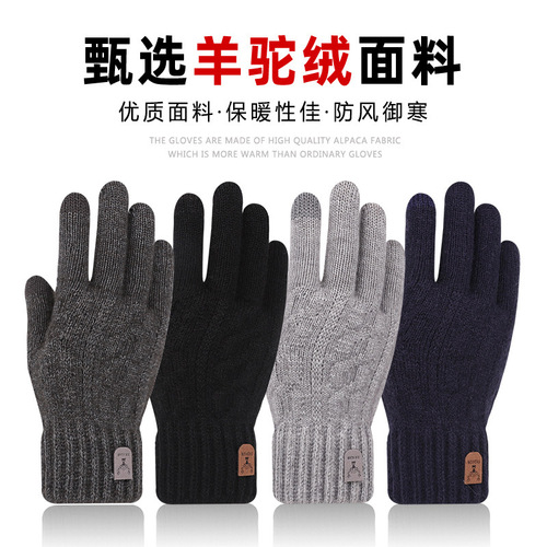 Winter and Spring Alpaca Wool Cycling Gloves with Fleece Lining, Thick and Touch-Sensitive, Unisex Windproof and Warm, Plain Color Knitted Fashion Korean Gloves