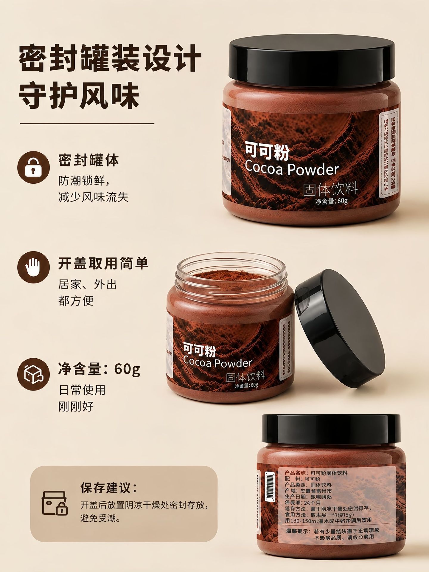 Pure Cocoa Powder Instant Drink Mix 60g Can Sugar-Free Baking Dessert Milk Tea Ingredient quality and texture