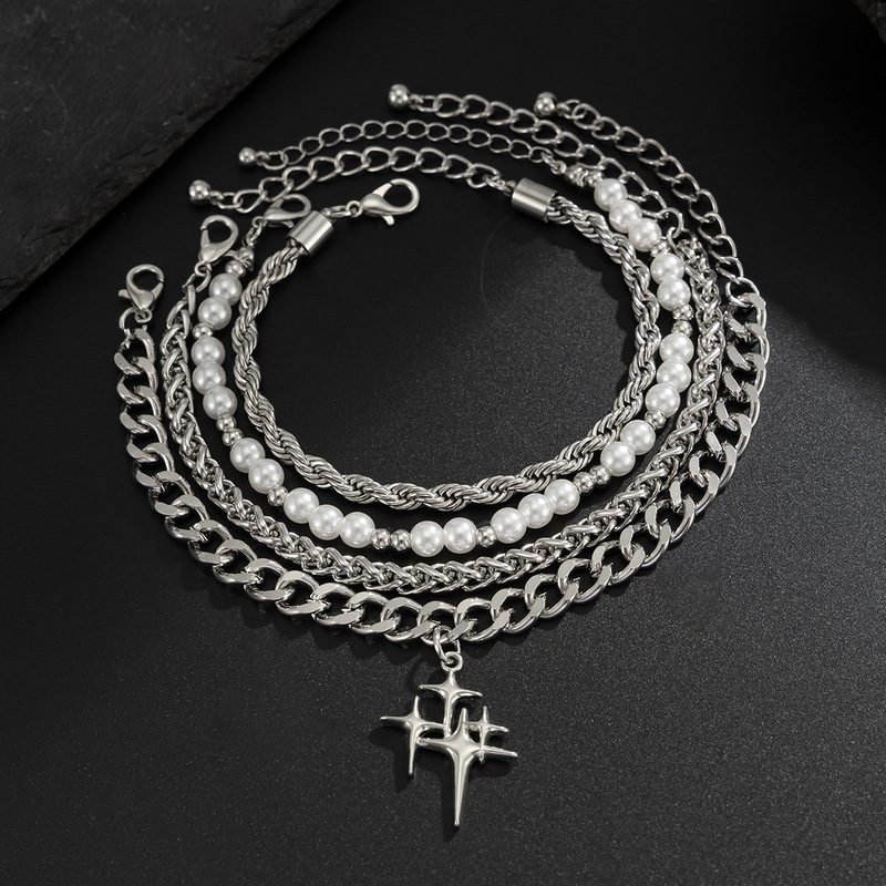 European and American Cross-Border Jewelry Men's 4-Piece Pearl Four-Pointed Star Chain Bracelet Set Ins Style High-End Jewelry
