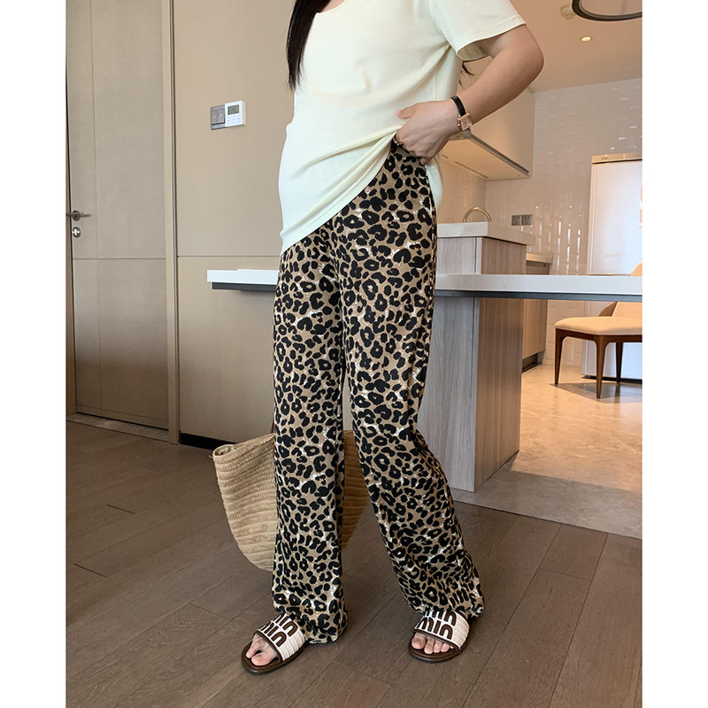 Summer High-elastic Ice Silk Straight Pants for Pregnant Women Leopard-print Pants Sagging Trousers Slimming Casual Pants Waist Adjusting Belt