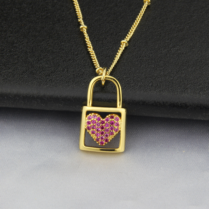 American new inlaid zirconium heart-shaped lock copper necklace