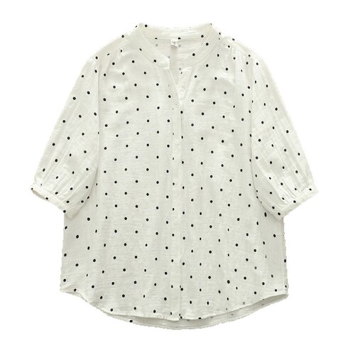 New Short-Sleeve Shirt with Double-layer Cotton Fabric, Fresh and Sweet V-Neck, Small Floral and Polka Dot Pure Cotton Blouse for Women