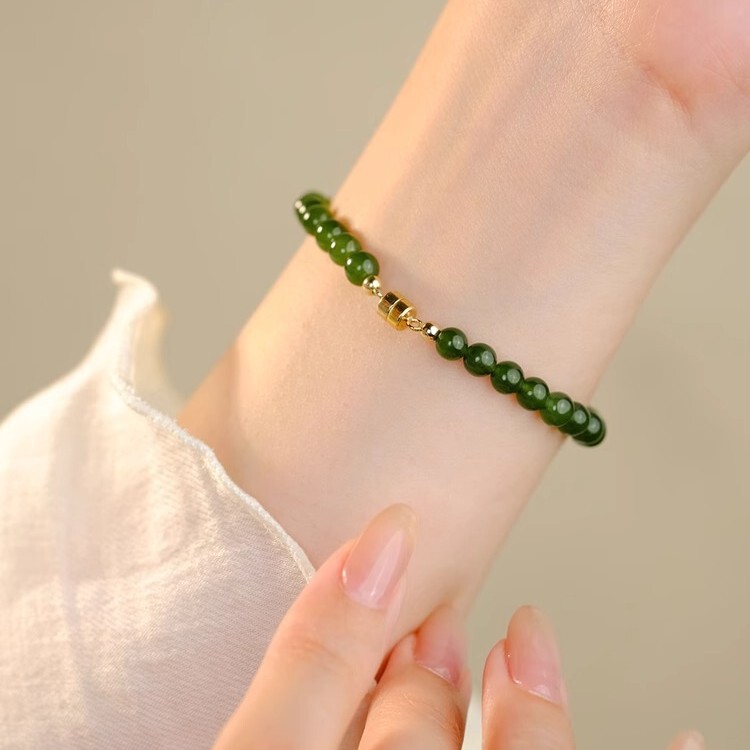 [Green Branches and Green Leaves] Spinach Green Jasper Chalcedony Niche Bracelet Women's New Chinese High-end Beaded Delicate Jewelry