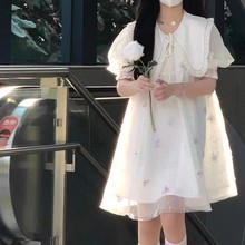 日系甜美娃娃领超仙网纱拼接泡泡袖连衣裙女学生夏季韩版公主裙子