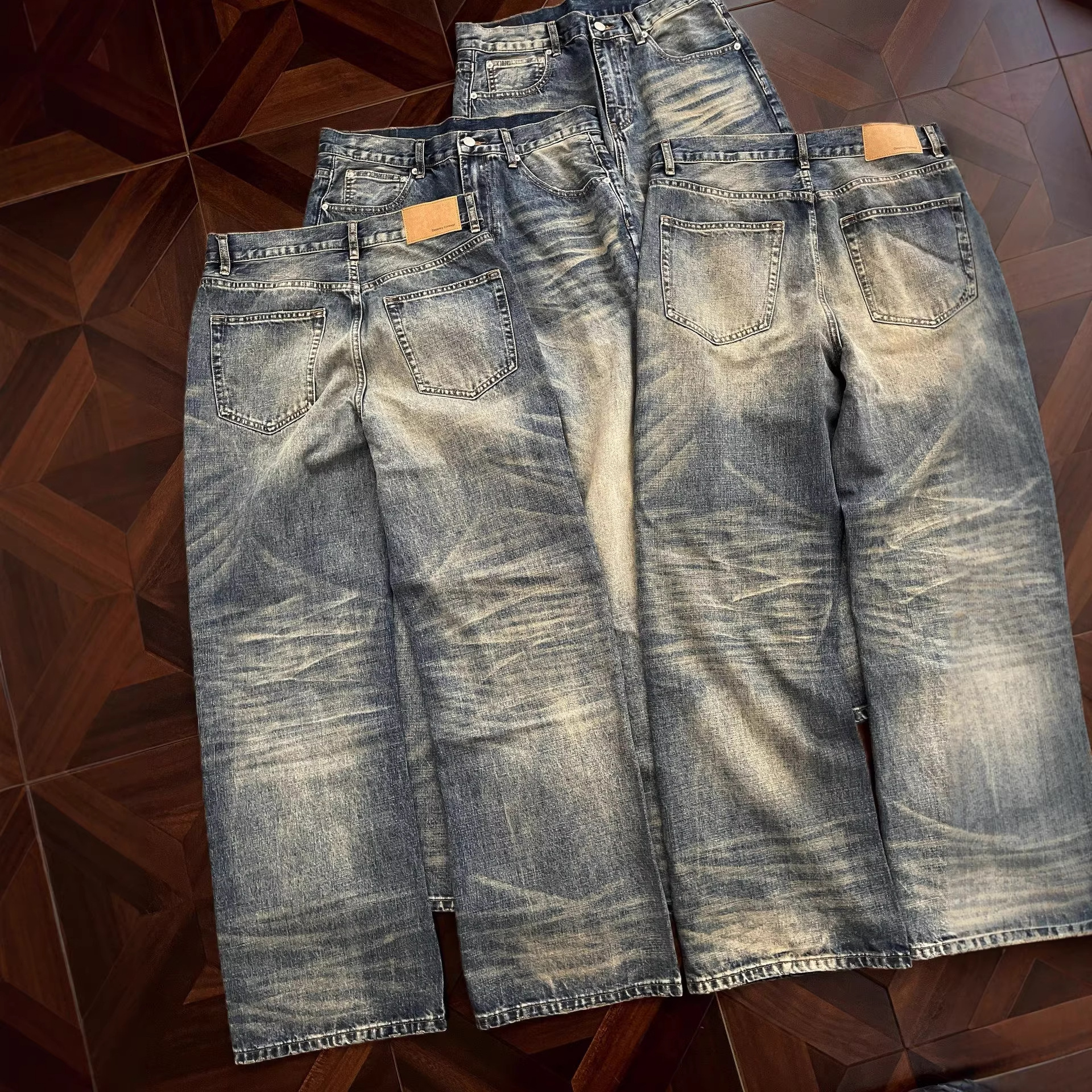 Men's High Street American Style Straight Leg Loose Wide Leg Dark Denim Jeans Slimming Trousers For Autumn And Winter Flowy Trendy_mkmklike.com