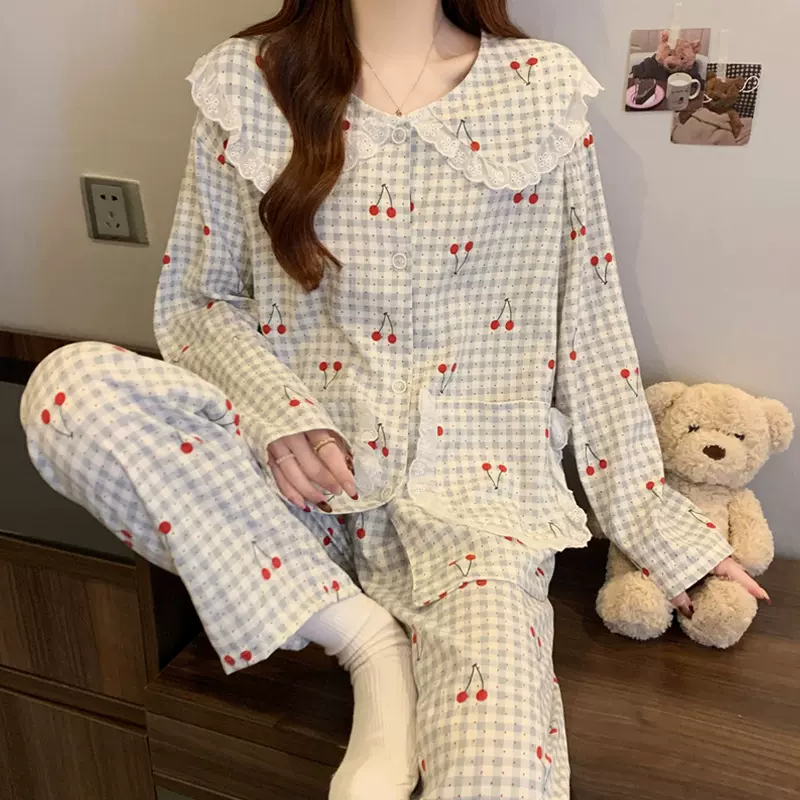 少女甜美樱桃睡衣女春季款长袖慵懒感云朵棉家居服可外穿套装批发