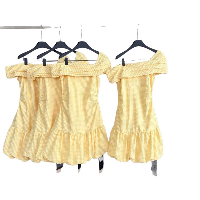 Soote 斜め肩黄色チェック柄立体花のつぼみテクスチャ A ライン弾性ウエストドレス工場直販|undefined
