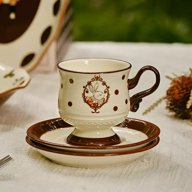 韩式波点兔子杯碟陶瓷咖啡杯早餐杯马克杯下午茶杯子可爱卡通杯碟