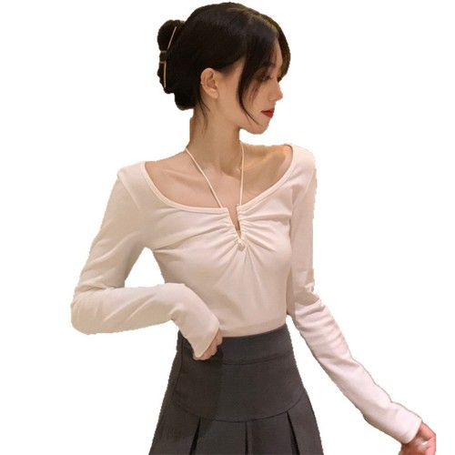 Pure Desire Hot Girl Long Sleeve T-Shirt Women Design Fitted Revealing Collar Slimming Base Top for Women