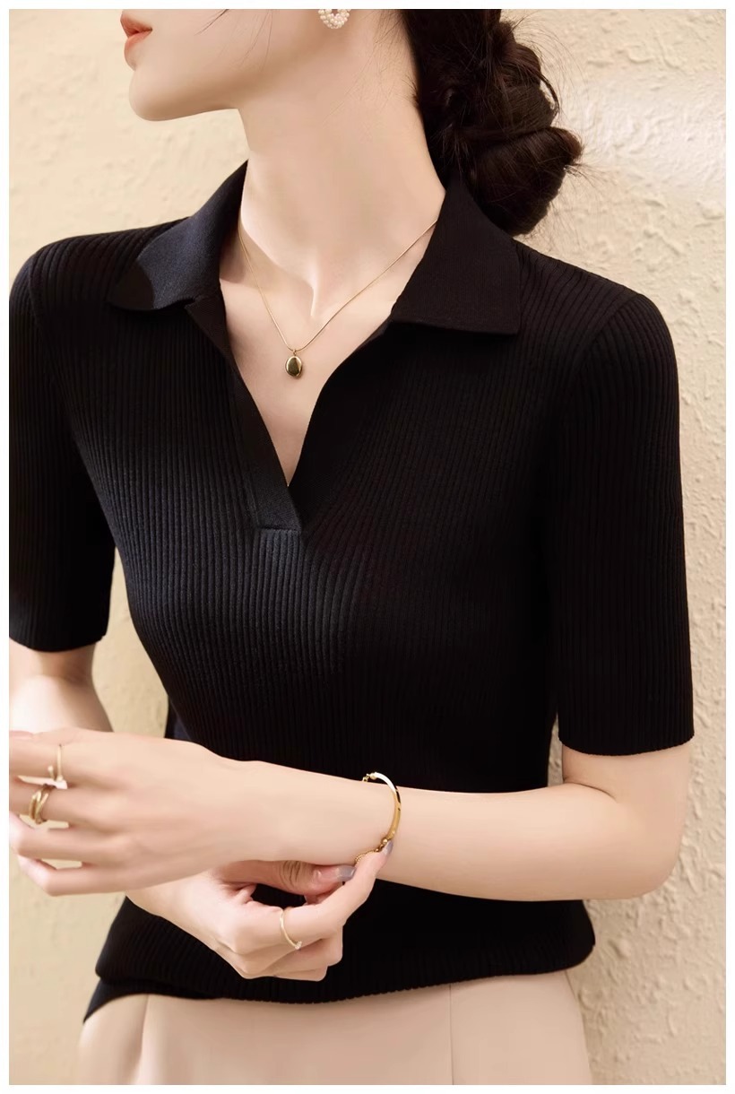 Áo thun dệt kim dáng ôm cổ chữ V nửa hở tay ngắn chất Lyocell Tencel mùa hè — Màu đen chi tiết 4