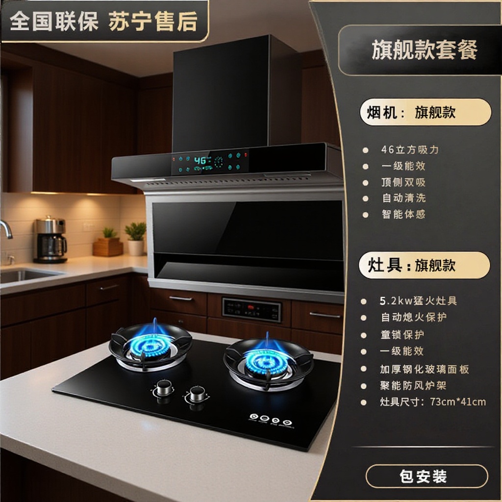 Defu Haotaitai Range Hood, Gas Stove, Kitchen Smoke Extractor, Cookware Three-Piece Set, Smoke and Stove Combination Set, Double Stove