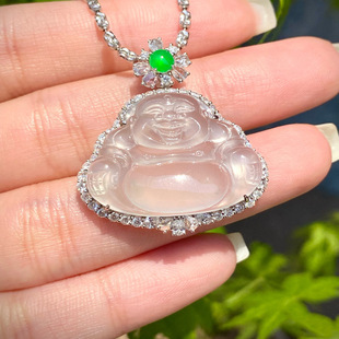 Myanmar Ice White Jade Buddha Pendant Old Mine Glass Type Myanmar Jadeite Treated Laughing Buddha Jade Pendant for Women