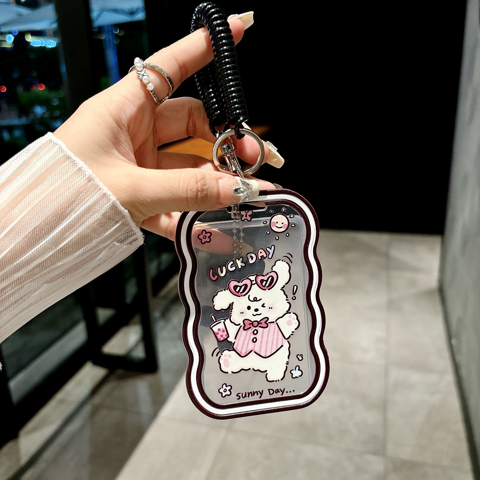 卡通可愛透明滑蓋卡套校園卡學生飯卡公交門禁卡鑰匙扣掛繩防丟