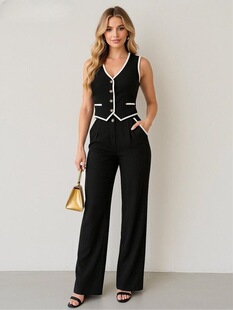 J 59284 V-Neck Button-Up Two-Piece Set Ů�b�ɼ��� �W���羳��