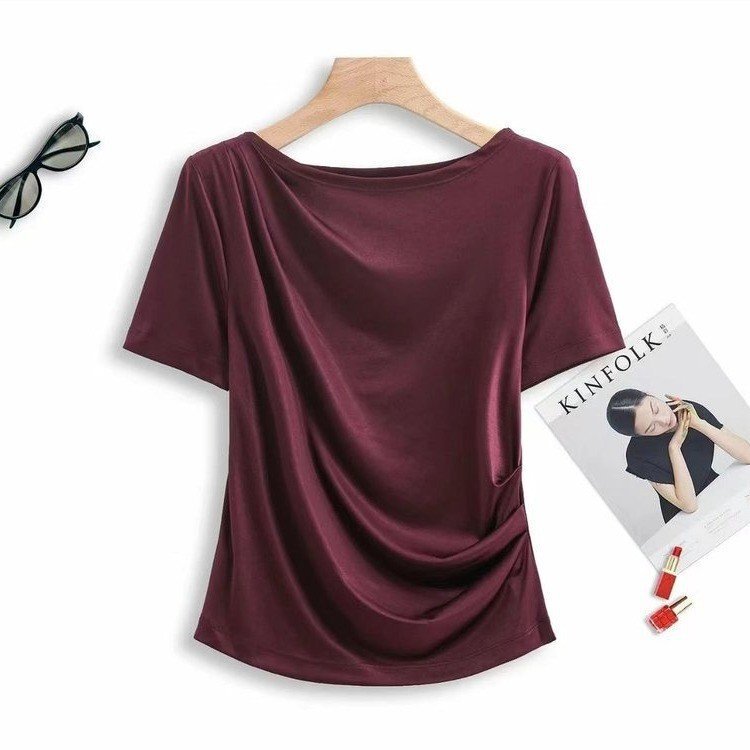 A generation of hair 2025 spring and summer new fashion pleated foreign-style age-reducing Joker women's T-shirt light luxury solid color jacket A generation of hair 2025 spring and summer new fashion pleated foreign-style age-reducing Joker women's T-shirt light luxury solid color jacket