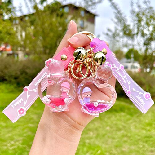 Acrylic Heart Shaped Perfume Bottle Hat Girl Floats Into Oil Liquid Quicksand Bottle Keychain Pendant Jewelry Wholesale