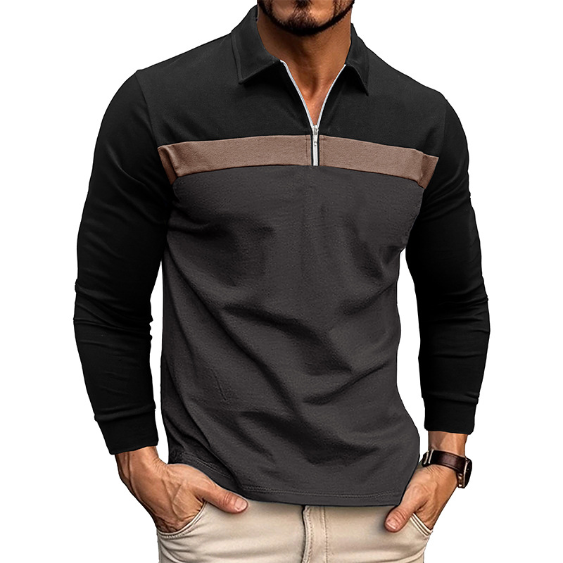 Nueva camisa de polo de costura de solapa Comercio exterior Camiseta de manga larga para hombre 2023 Otoño e Invierno