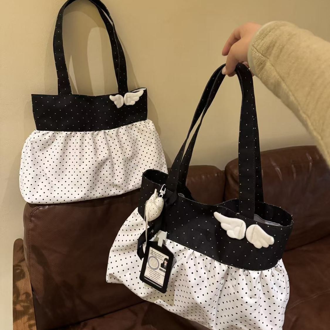 Korean-style versatile polka dot print skirt bag, cute vintage winged large-capacity tote bag, shoulder commuter bag