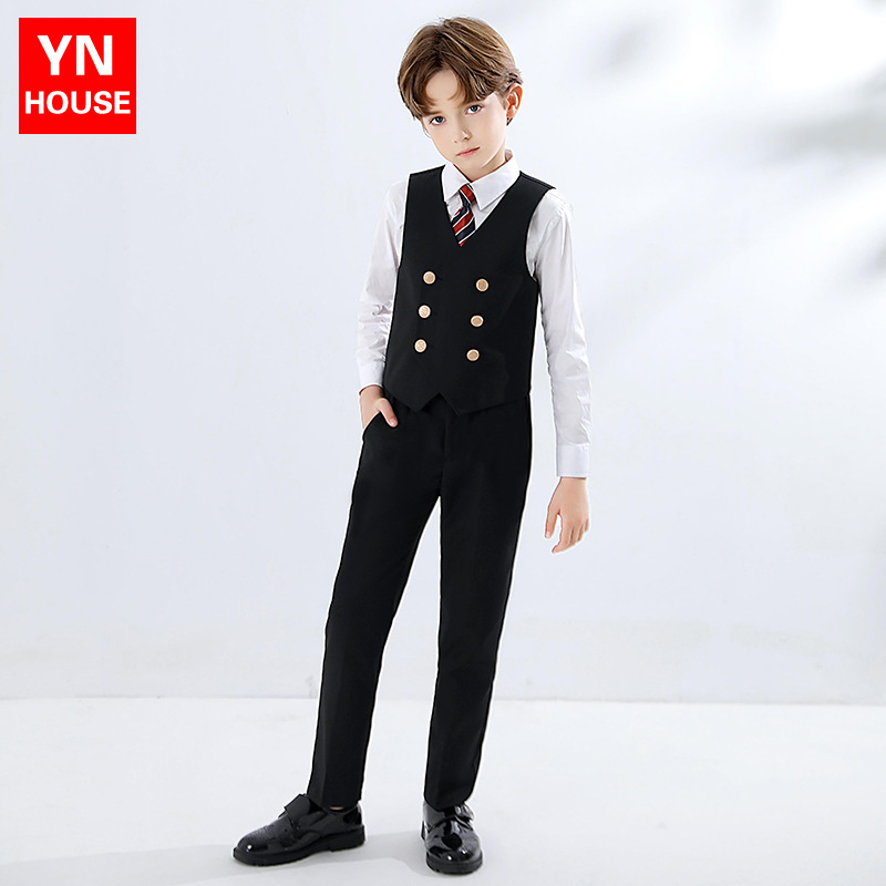 Traje para niños chaleco traje de niño gris estilo británico vestido flor niña traje anfitrión guapo de gama alta