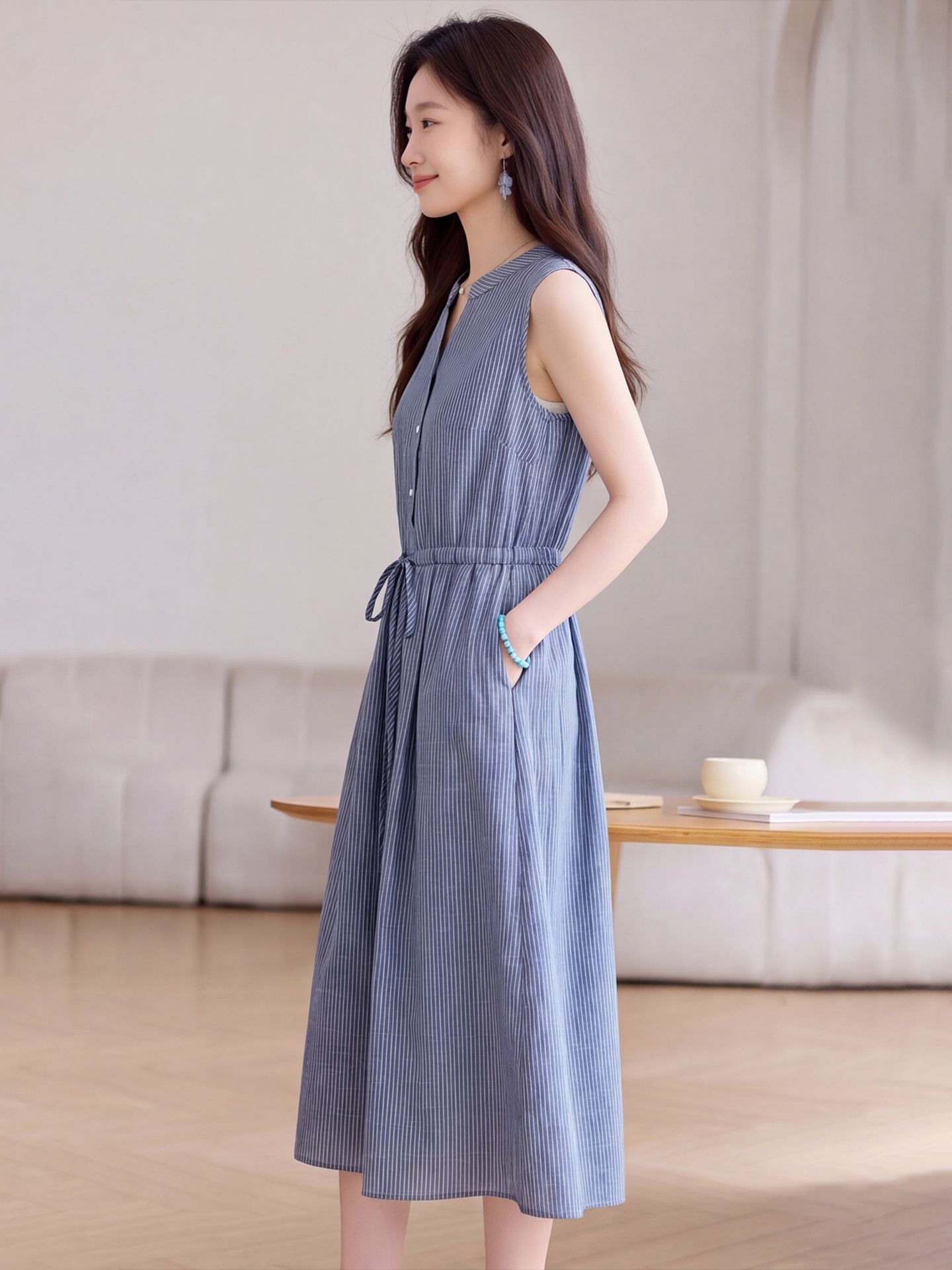 Đầm maxi nữ thắt eo cổ V rút dây, dáng chữ A trung niên mùa hè — Sọc Tây Tạng, Lưới đỏ, Sọc kaki