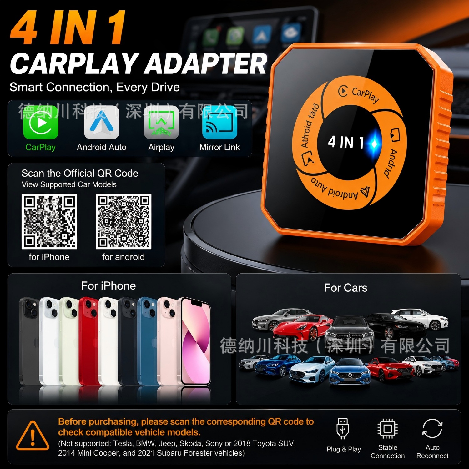 Cross-Border 4-in-1 Wireless Carplay Box, Wired to Wireless Carplay Car Adapter, Car Machine Interconnection Box