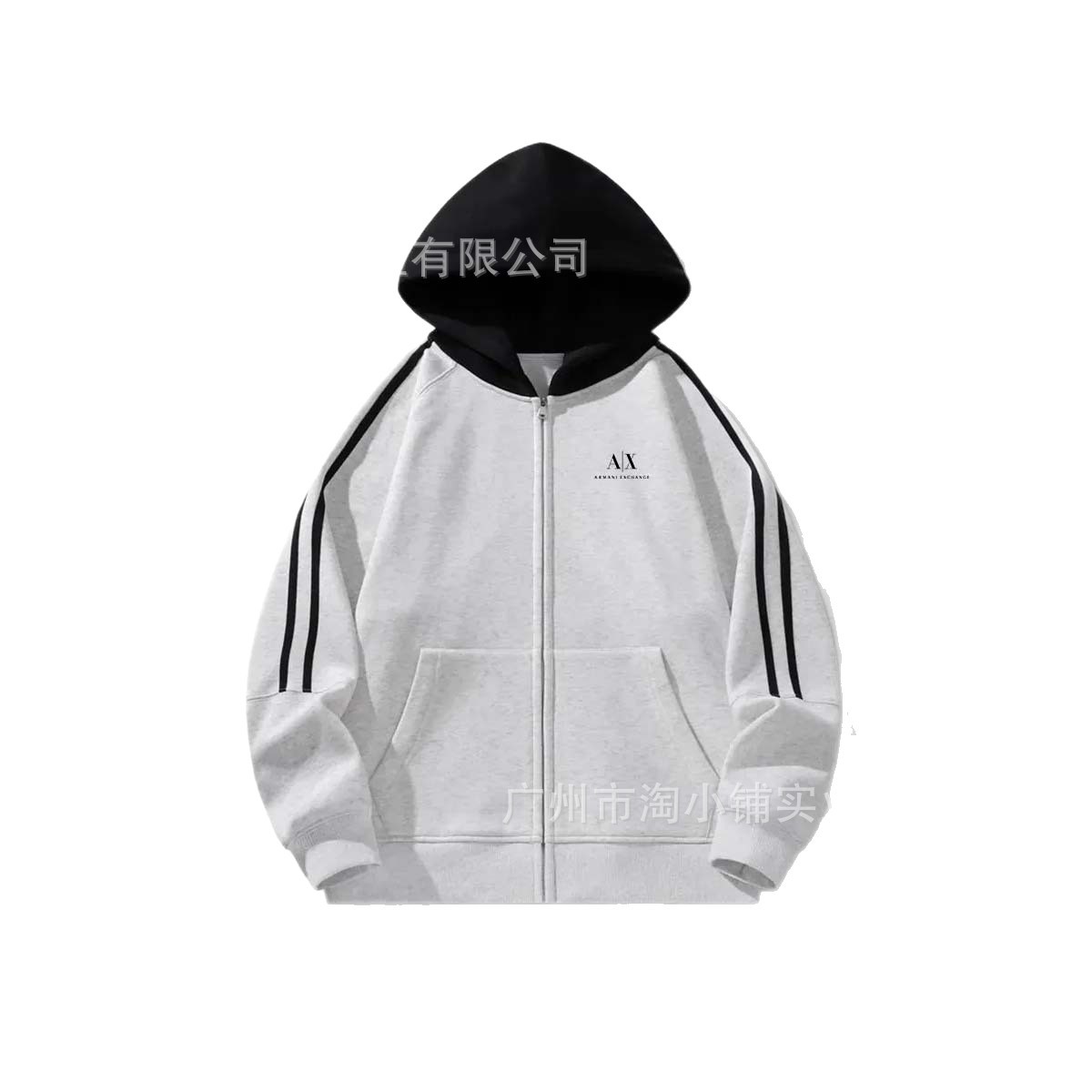 美式白灰色运动简约开衫连帽卫衣女秋冬两条杠字母印花拉链上衣女