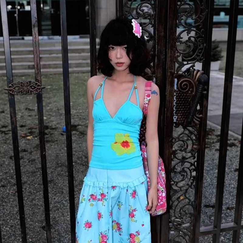 [210g 40 Count Pure Cotton] Pure Cotton Sexy Slim Fit Top Summer Halterneck Strap Lace Flower Suspender