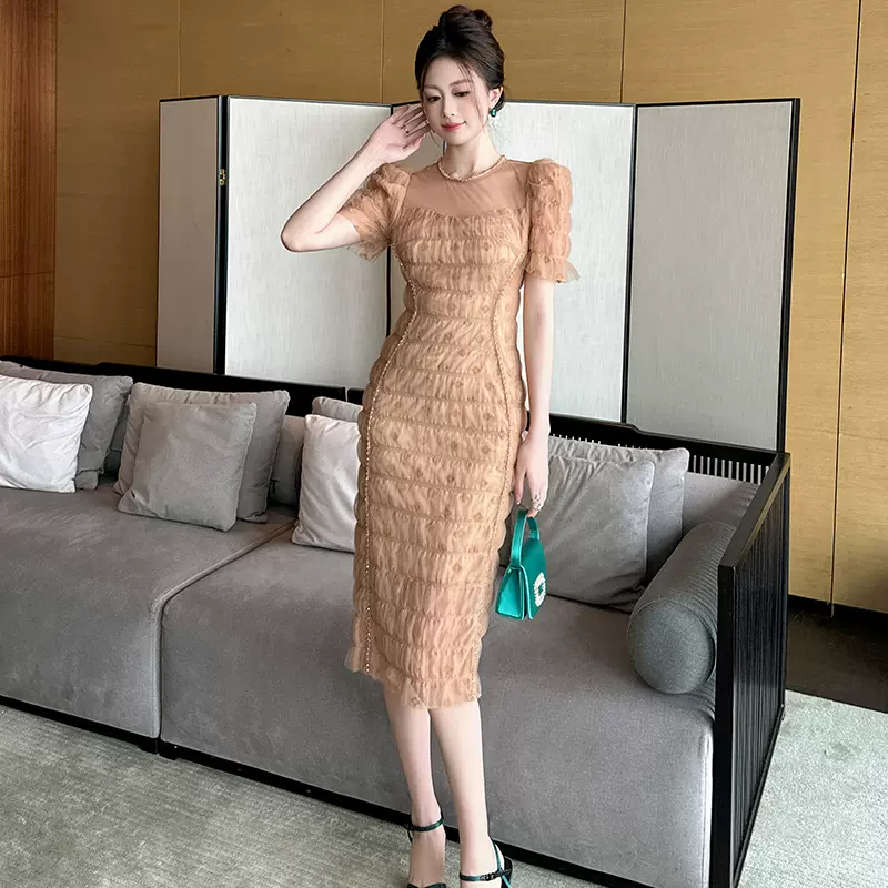 2025夏季新款女装甜美气质镶钻褶皱包臀泡泡袖网纱连衣裙21146