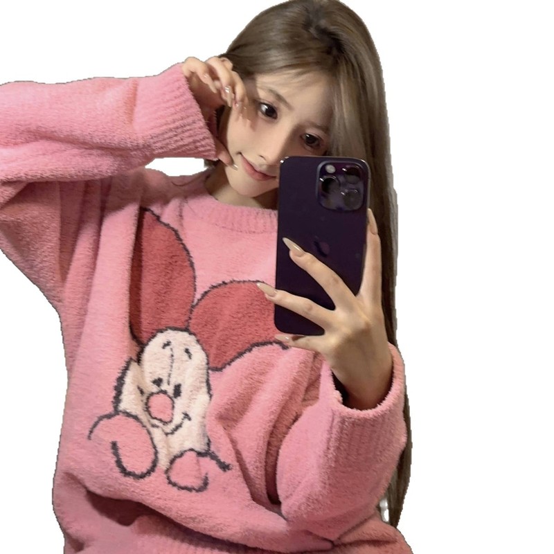 可爱卡通粉色毛绒针织睡衣女冬款2025新款加厚保暖长裤家居服套装|undefined
