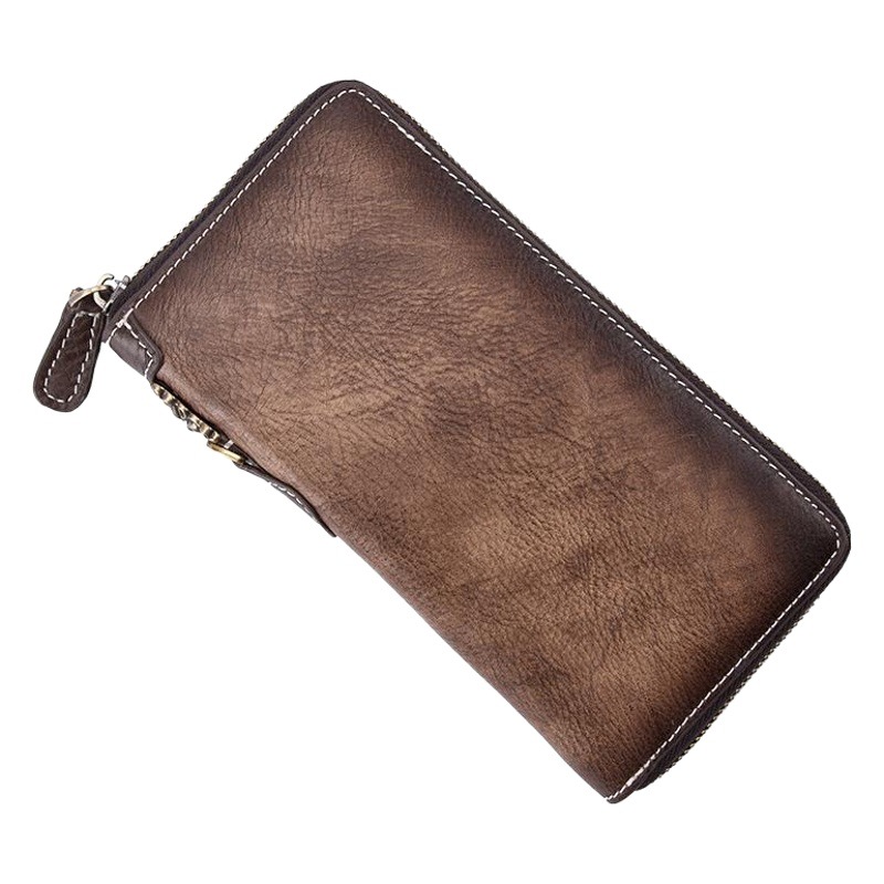New Retro Men's Wallet Long Zipper Genuine Leather Clutch Multi-functional European and American Cowhide Youth Men's Wallet
