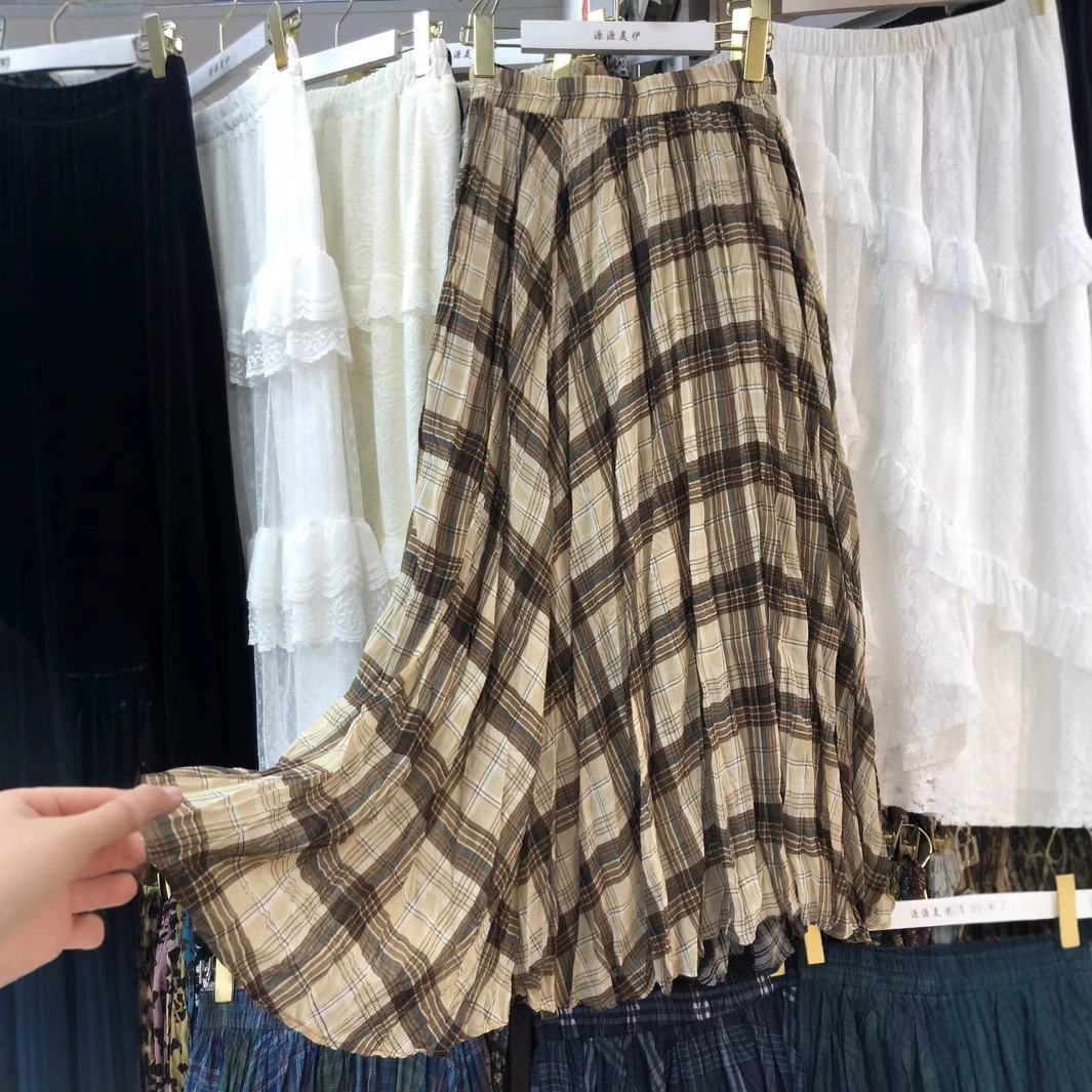 Ретро-чувская юбка 2025 весенняя эласткая талия тонкая большая юбка