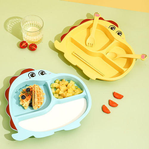 Cross-border cartoon children's dinner plate kindergarten eating grid plate spoon fork baby bamboo fiber tableware