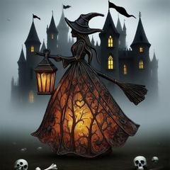 跨境万圣节新款Halloween Witch Lamp 哥特式万圣节女巫提灯摆件