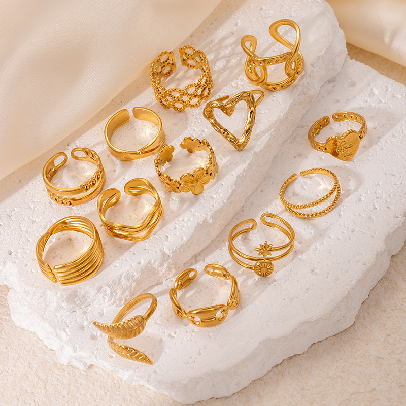 10g Weight Electroplated Gold Plating Process Golden Plated Plating Material Stone-Free Inlay Material Open Rings, Rings Classification 1 Piece Quantity Holiday, Daily Occasion 201 Stainless Steel Material Leaf, Heart Shape Pattern Women's Gender Lady Style Plating Craft Wholesale Jewelry Lady Leaf Heart Shape Floral Titanium Steel Plating Open Rings 12